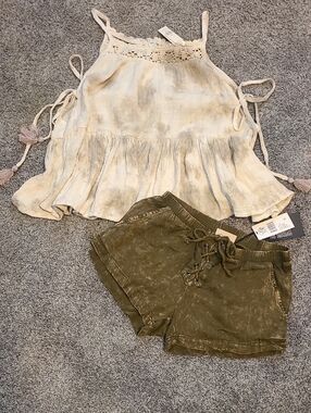 AERIE babydoll Top With CHASER Olive washed Green Drawstring Shorts Set/ Bundle
